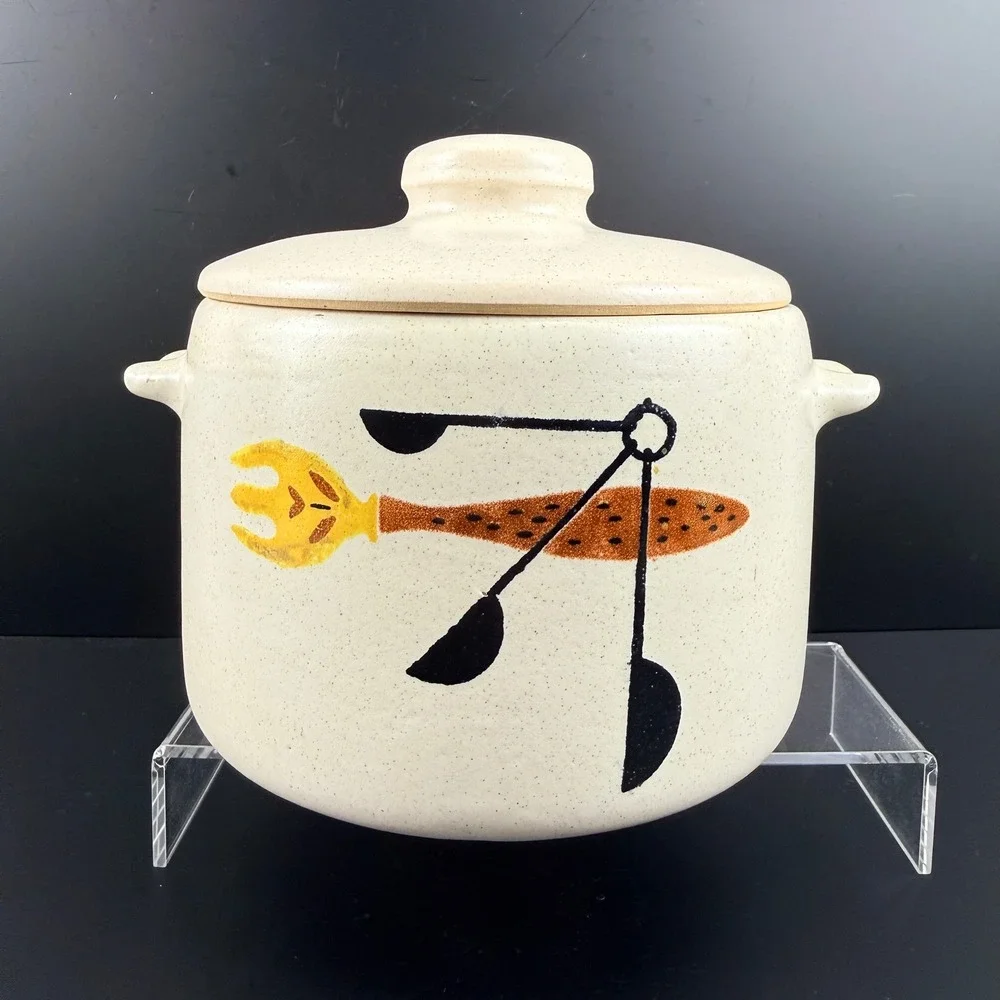 Vintage West Bend Stoneware Bean Pot MCM Fork & Spoon Pattern Crock with Lid